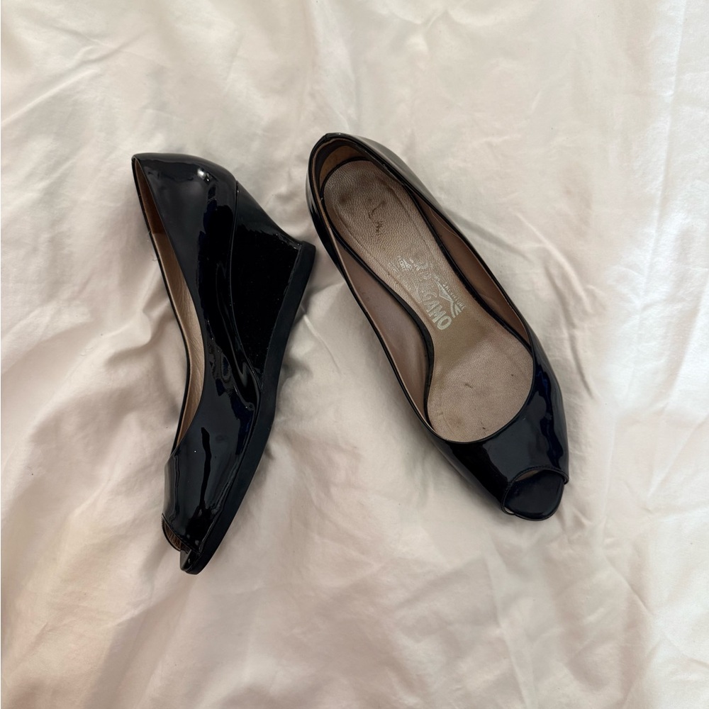 Salvatore Ferragamo Black Patent Peep-Toe Wedge Shoes